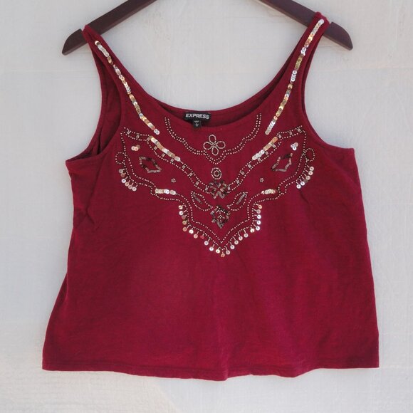 Express Deep Red Beaded Tank Top Thin Straps Bling Embellished Womens Size Large - Picture 2 of 7